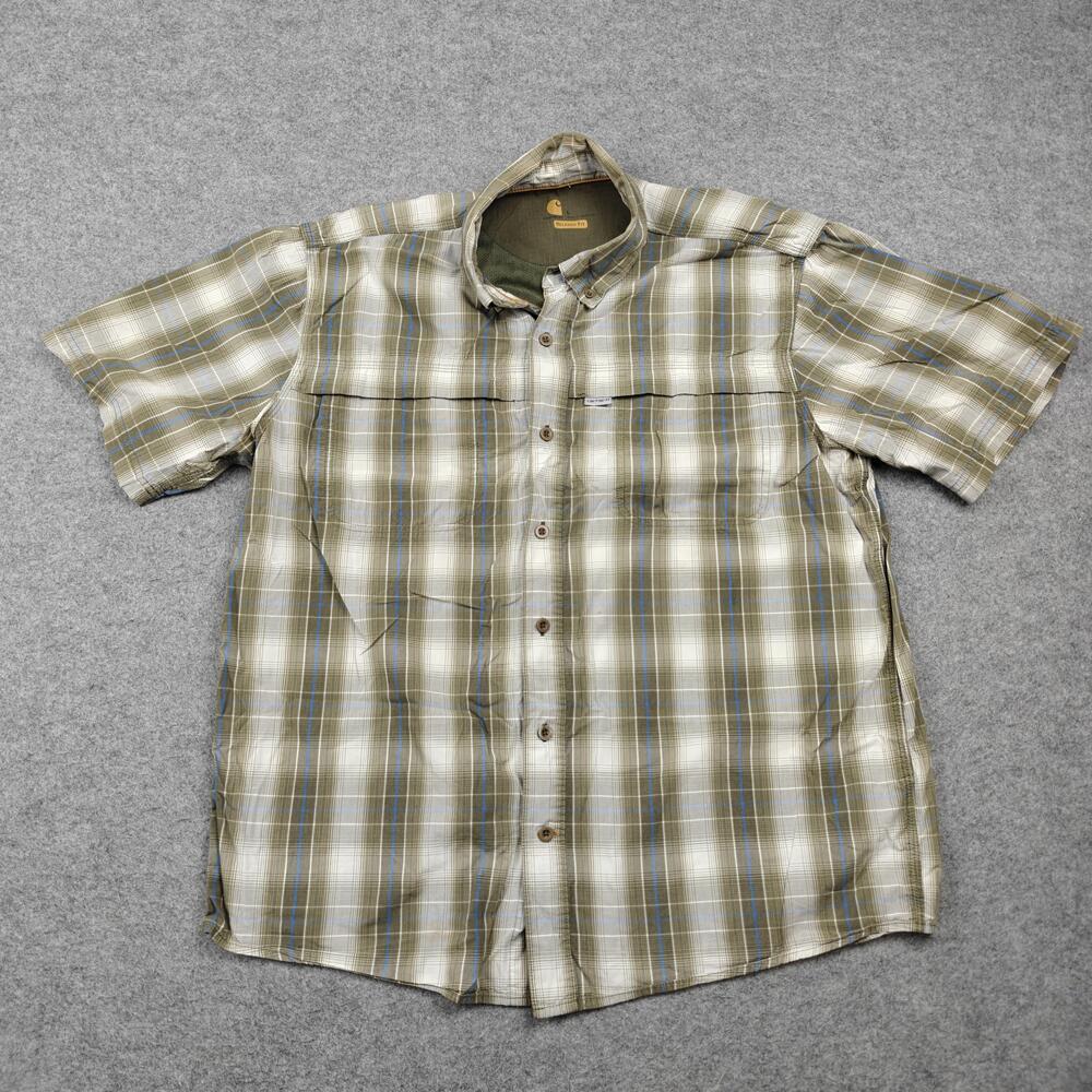 Carhartt Shirt Mens Large Green Plaid Short Sleeve Button-Up Relaxed Fit